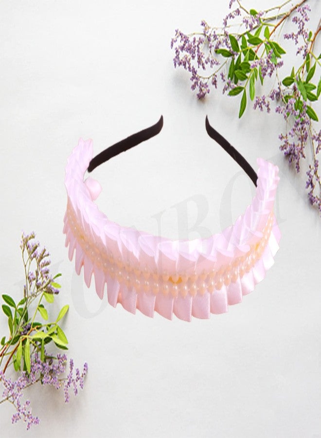 Honbon Hairband Combo Set 2pc Frill Design Satin Ribbon Lace with Artificial Beads Cutwork Sweathairband HairDecor Tiara Fancy Headdress Beautiful look for Girls/Kids (Grey & White) - Image 3