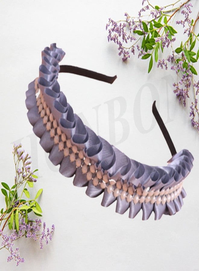 Honbon Hairband Combo Set 2pc Frill Design Satin Ribbon Lace with Artificial Beads Cutwork Sweathairband HairDecor Tiara Fancy Headdress Beautiful look for Girls/Kids (Grey & White) - Image 4