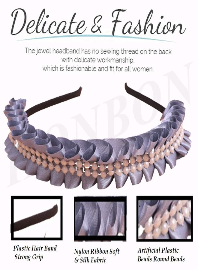 Honbon Hairband Combo Set 2pc Frill Design Satin Ribbon Lace with Artificial Beads Cutwork Sweathairband HairDecor Tiara Fancy Headdress Beautiful look for Girls/Kids (Grey & White) - Image 2