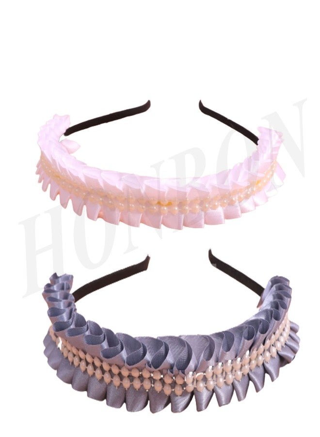 Honbon Hairband Combo Set 2pc Frill Design Satin Ribbon Lace with Artificial Beads Cutwork Sweathairband HairDecor Tiara Fancy Headdress Beautiful look for Girls/Kids (Grey & White) - Image 1