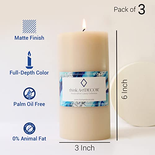 ThinkArtDecor Unscented Pillar Candles Set of 3 | 90 Hrs Each | 3X6 inch Smokeless & Dripless Wax Candles for Home Decor | Ivory - Image 3