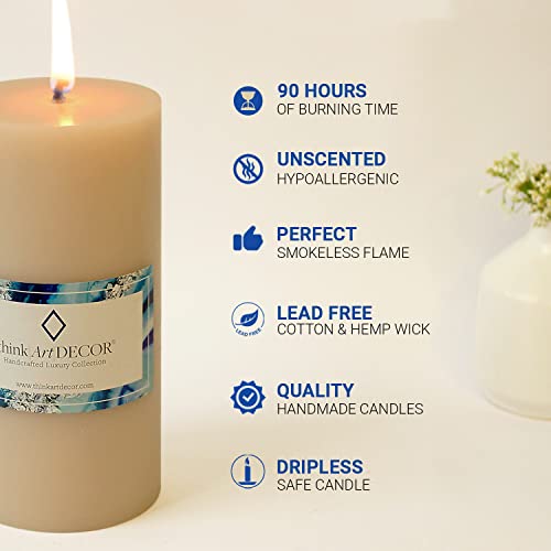 ThinkArtDecor Unscented Pillar Candles Set of 3 | 90 Hrs Each | 3X6 inch Smokeless & Dripless Wax Candles for Home Decor | Ivory - Image 4