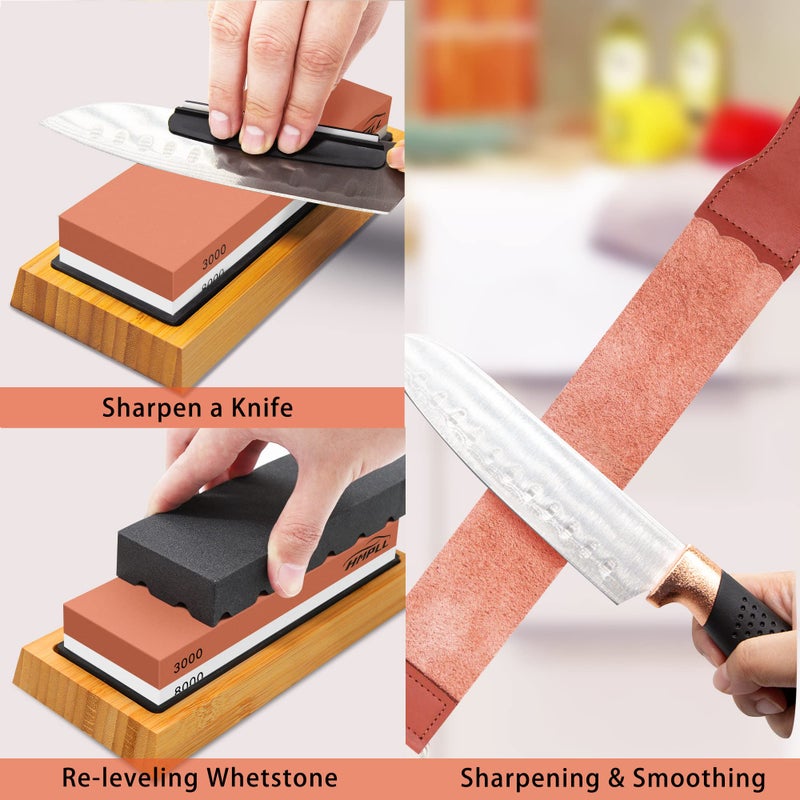 Hmpll Knife Sharpening Stone Set  Professional Whetstone 4 Side Grit 400/1000 3000/8000  Whetstone Knife Sharpener Stone Set Include Non-Slip Base  Leather Strop  Flattening Stone & Angle Guide - Image 4