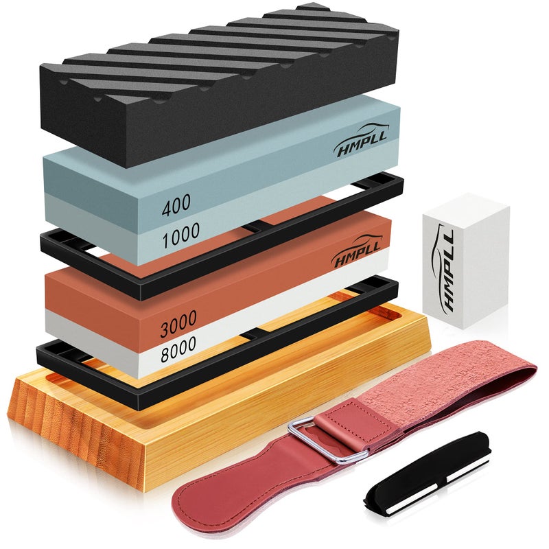 Hmpll Knife Sharpening Stone Set  Professional Whetstone 4 Side Grit 400/1000 3000/8000  Whetstone Knife Sharpener Stone Set Include Non-Slip Base  Leather Strop  Flattening Stone & Angle Guide - Image 1