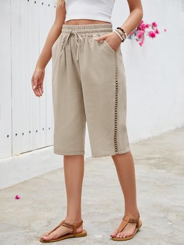 Puimentiua Women Linen Shorts Casual Knee Length Bermuda Shorts with Hollow Side Summer Beach Lightweight Capri Pants Khaki - Image 3