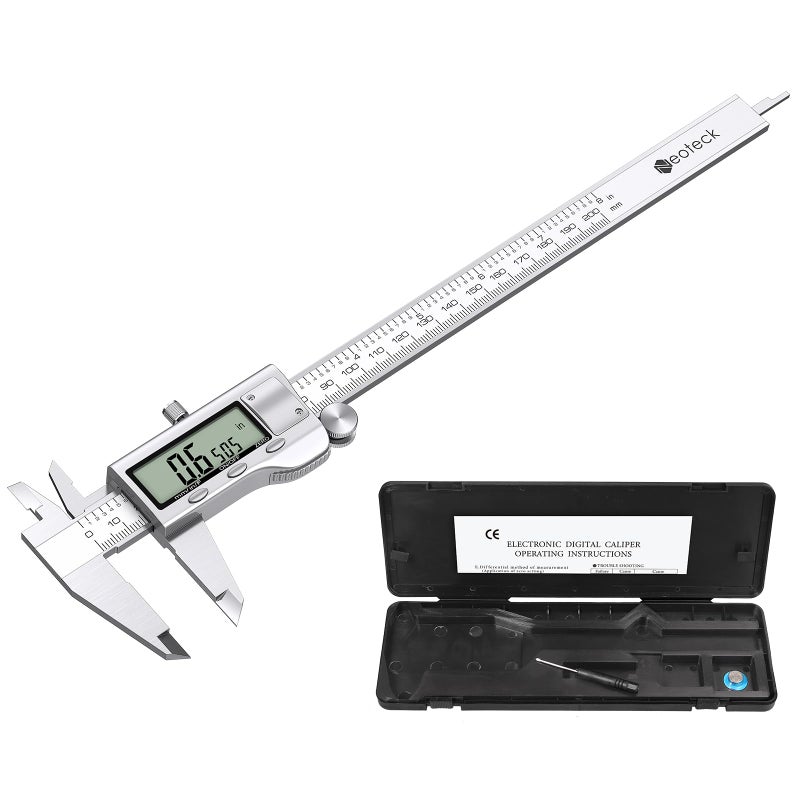 Neoteck 8 inch Digital Caliper Vernier Caliper Stainless Steel LCD Display Digital Caliper Measuring Tool with Fraction/Inch/MM Conversion Used for Inside and Outside Diameter,Depth,Step Measurement - Image 1