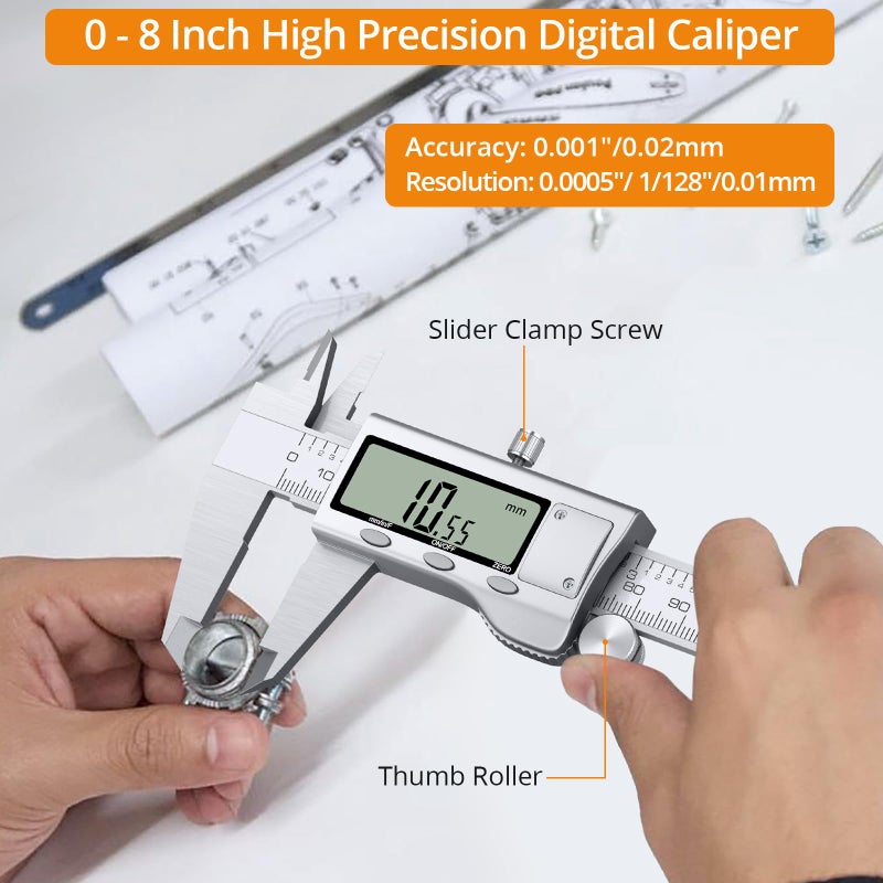 Neoteck 8 inch Digital Caliper Vernier Caliper Stainless Steel LCD Display Digital Caliper Measuring Tool with Fraction/Inch/MM Conversion Used for Inside and Outside Diameter,Depth,Step Measurement - Image 2