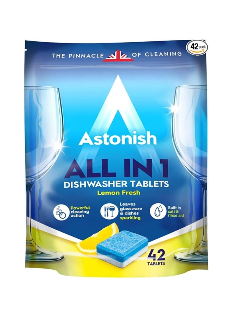 Astonish All In 1 Dishwasher Tablets - Household Cleaner Removes Grease, Grime, & Surface Stains - Dishwasher Soap with Salt & Rinse Aid, Cruelty Free Dishwasher Detergent, Lemon Fresh, 42 Pack