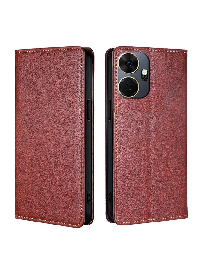 جراب هاتف جلدي مغناطيسي بلون زيتي لامع لهاتف Itel P55+ 4G (بني)