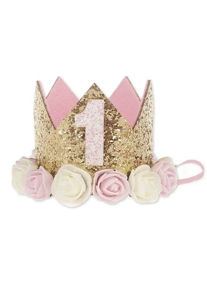 Baby Birthday Crown, Princess Crowns Tiara Girls Party Hat With Gold Glitter and Pink Roses for Birthday Party - Image 1