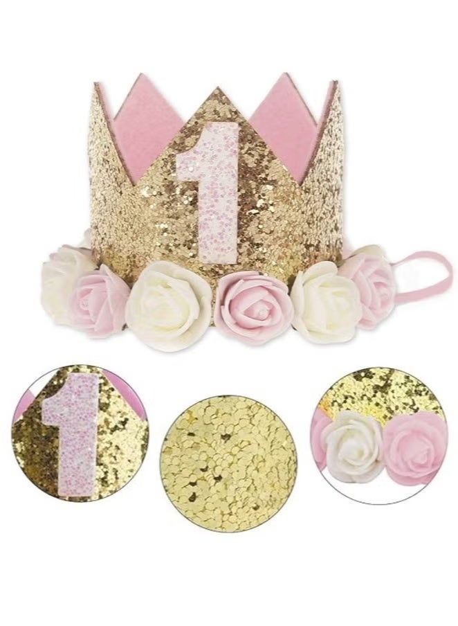 Baby Birthday Crown, Princess Crowns Tiara Girls Party Hat With Gold Glitter and Pink Roses for Birthday Party - Image 2