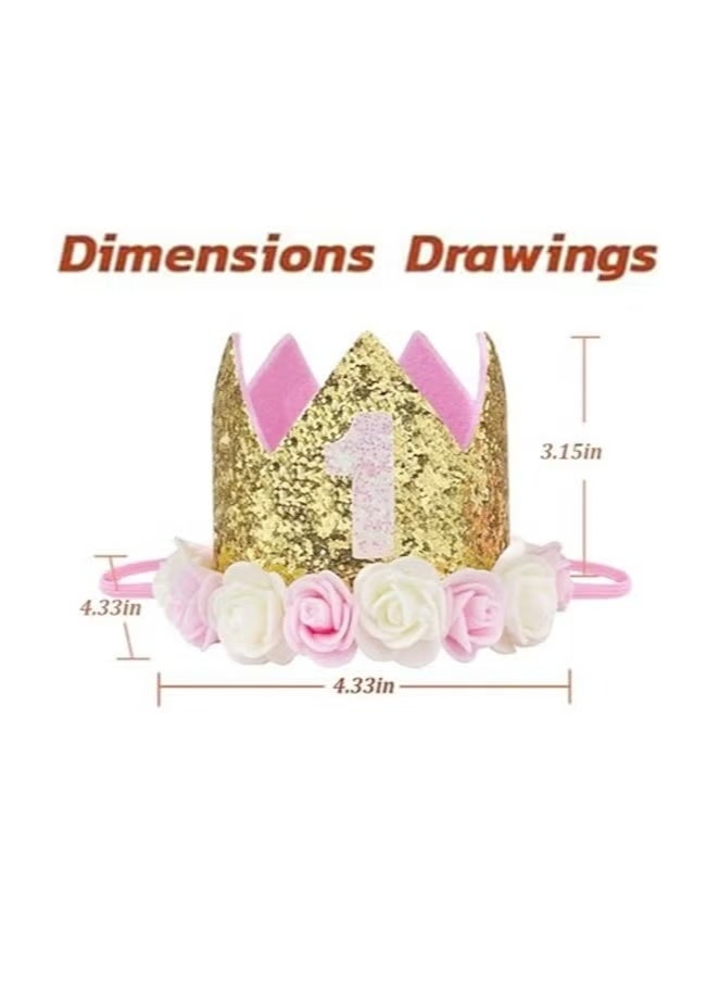 Baby Birthday Crown, Princess Crowns Tiara Girls Party Hat With Gold Glitter and Pink Roses for Birthday Party - Image 3