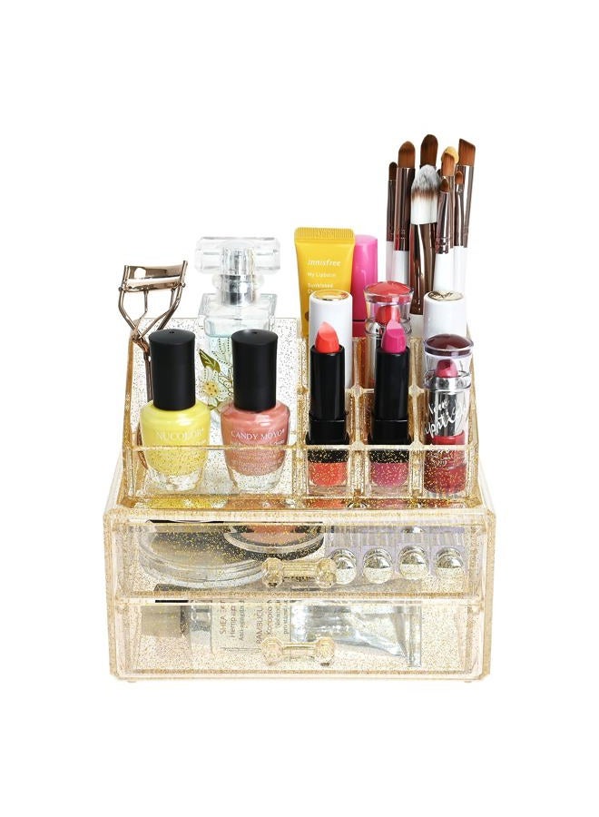 Ikee Design Acrylic Makeup Organizer with 2 Drawers Removable Top Lipstick Holders, Cosmetics Organizer for Skincare, Accessories, Lip Gloss Organizer for Vanity or Bathroom Countertop, Gold Glitter - Image 3