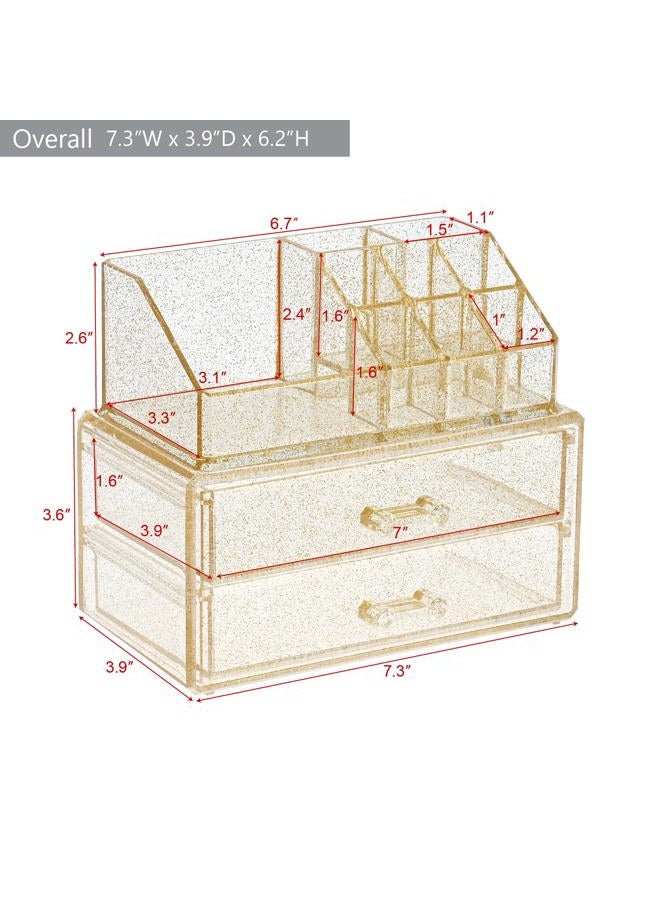 Ikee Design Acrylic Makeup Organizer with 2 Drawers Removable Top Lipstick Holders, Cosmetics Organizer for Skincare, Accessories, Lip Gloss Organizer for Vanity or Bathroom Countertop, Gold Glitter - Image 2