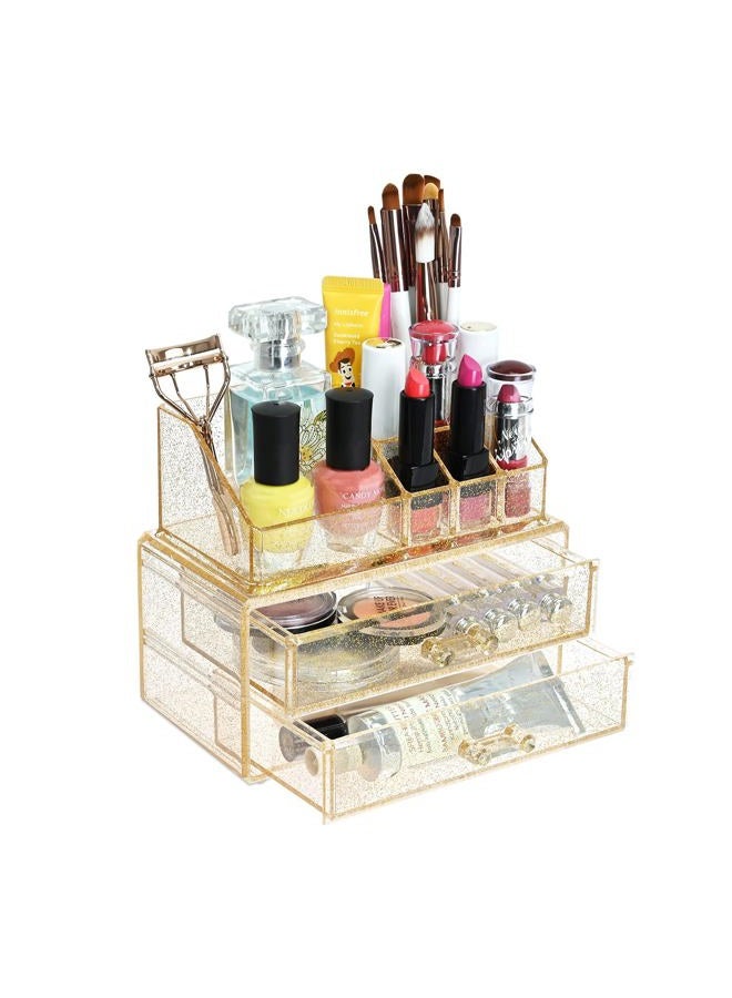 Ikee Design Acrylic Makeup Organizer with 2 Drawers Removable Top Lipstick Holders, Cosmetics Organizer for Skincare, Accessories, Lip Gloss Organizer for Vanity or Bathroom Countertop, Gold Glitter - Image 1