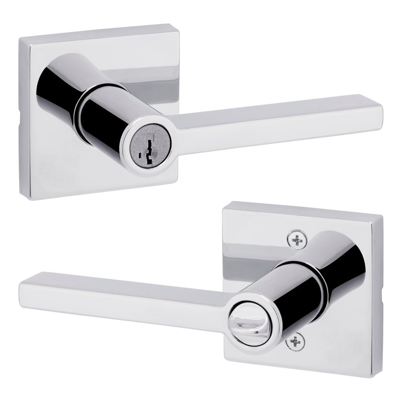 Kwikset Halifax Entry Door Handle with Lock and Key Secure Keyed Reversible Lever Exterior Doorlock For Front Entrance and Bedrooms Polished Chrome Pick Resistant Smartkey Rekey Security