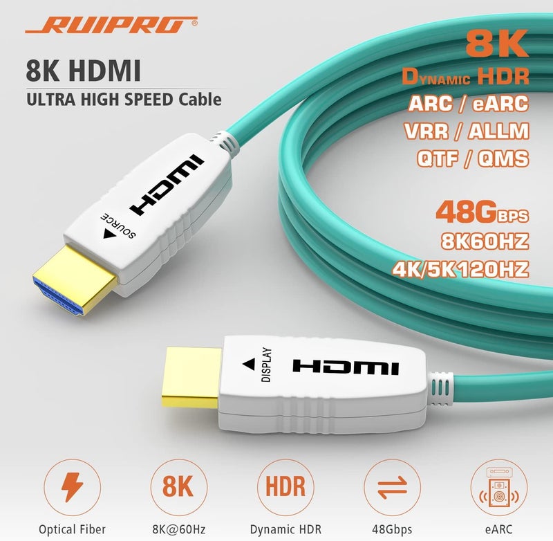 RUIPRO 8K Fiber Optic HDMI Cable 65 Feet 48Gbps 8K60Hz 4K120Hz Dynamic HDR eARC HDCP2.2/2.3 for RTX4080/4090/3080/3090, Xbox S/X, PS5/4, AVR, Projector, LG/Samsung/Sony TV - Image 2