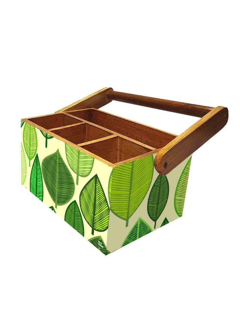 Nutcase Nutcase Wooden Cutlery Napkin Holder for Kitchen Organizer Spoons Stand with Handle for Dining Table Fancy waterproof print condiment rack Green Leaves  - Image 5