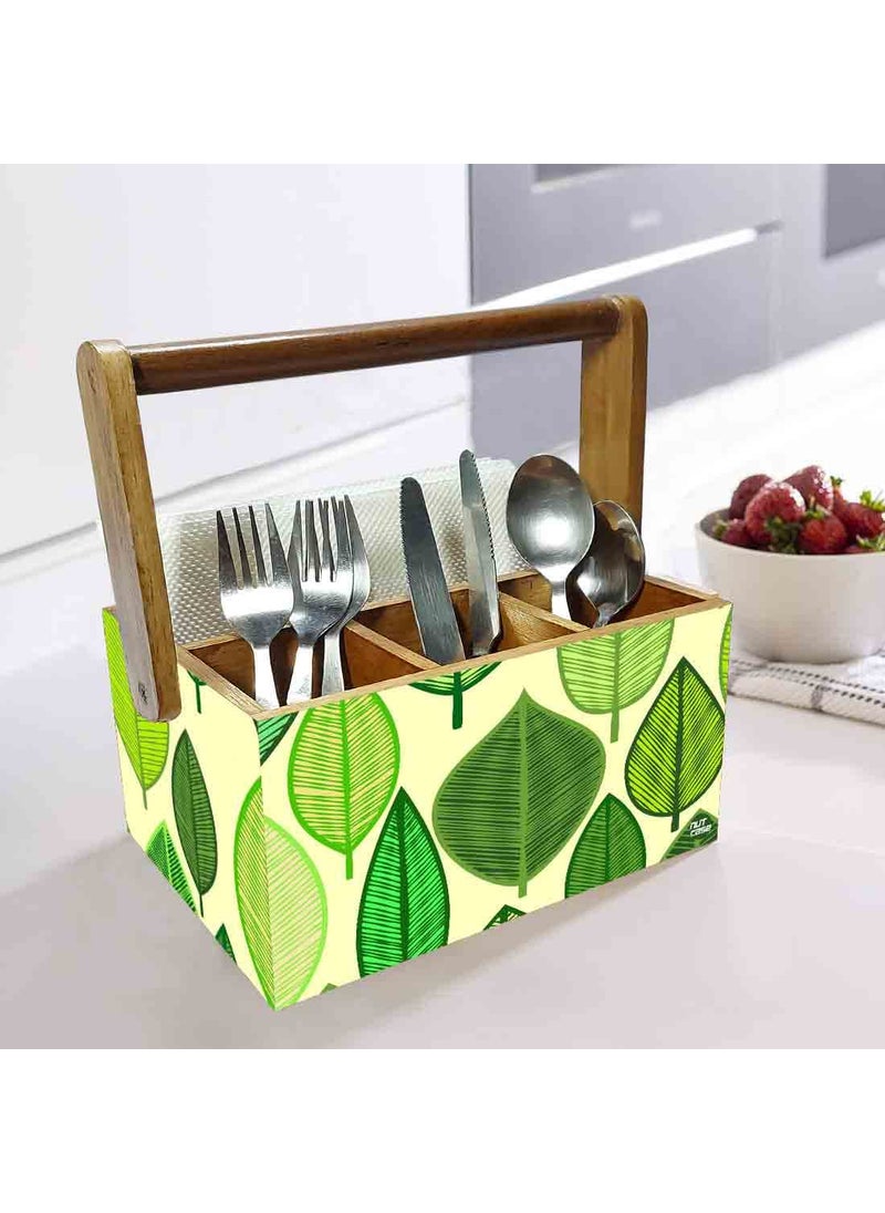 Nutcase Nutcase Wooden Cutlery Napkin Holder for Kitchen Organizer Spoons Stand with Handle for Dining Table Fancy waterproof print condiment rack Green Leaves  - Image 2