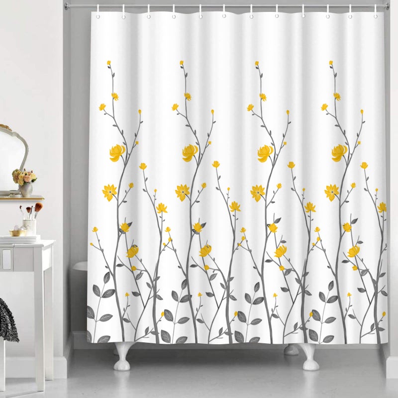 RnnJoile Yellow Flowers Bathroom Shower Curtain Yellow Floral with Grey Leaves Bath Curtain White Pattern Fabric Bathroom Accessories with 12 Hooks 72"x72" - Image 3