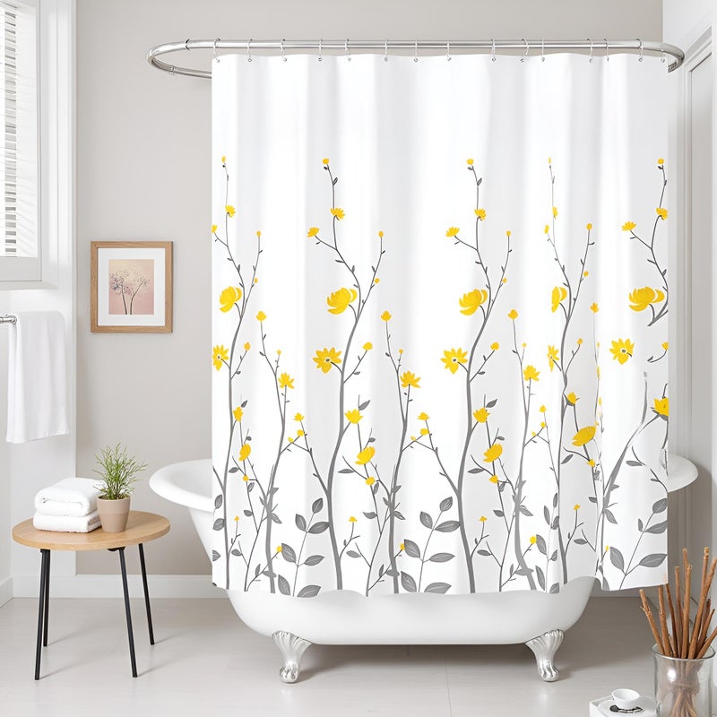RnnJoile Yellow Flowers Bathroom Shower Curtain Yellow Floral with Grey Leaves Bath Curtain White Pattern Fabric Bathroom Accessories with 12 Hooks 72"x72" - Image 2