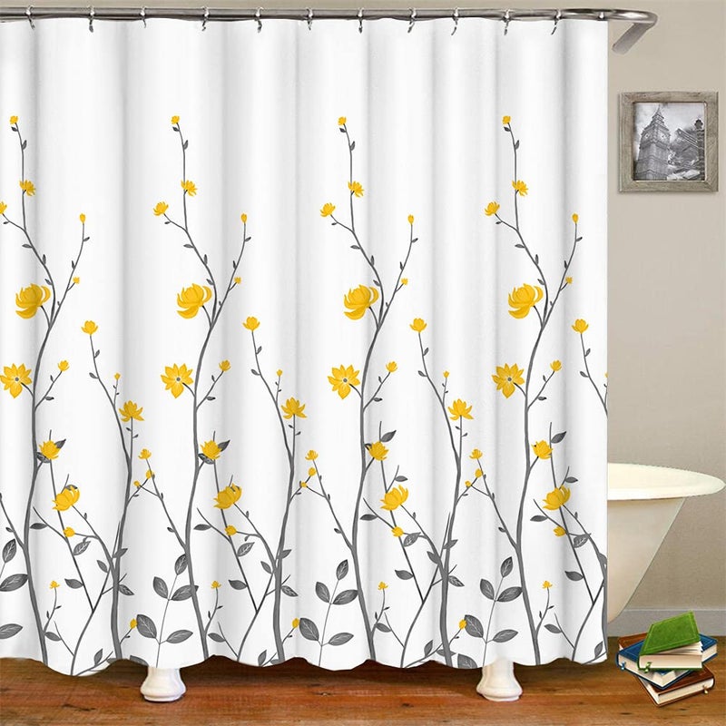 RnnJoile Yellow Flowers Bathroom Shower Curtain Yellow Floral with Grey Leaves Bath Curtain White Pattern Fabric Bathroom Accessories with 12 Hooks 72"x72" - Image 5
