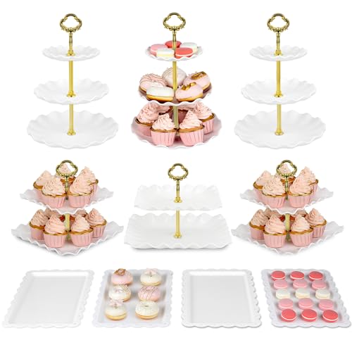 NWK Pack of 10 NWK Cake Stand Set, with 3 x Two-Tier and 3 x Three-Tier Cupcake Stands, 4 x Appetizer Trays, for Birthday Baby Bridal Shower Party (Gold) - Image 1