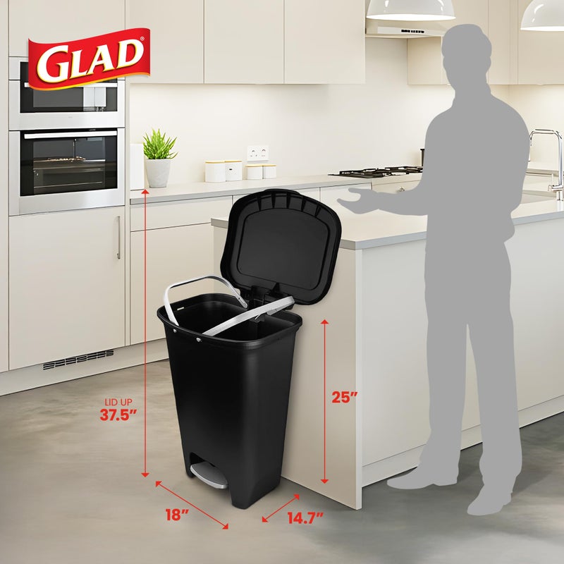 Glad 13 Gallon Trash Can, 2 Pack | Plastic Kitchen Waste Bin with Odor Protection of Lid | Hands Free with Step On Foot Pedal and Garbage Bag Rings, Black, 2 Count - Image 2