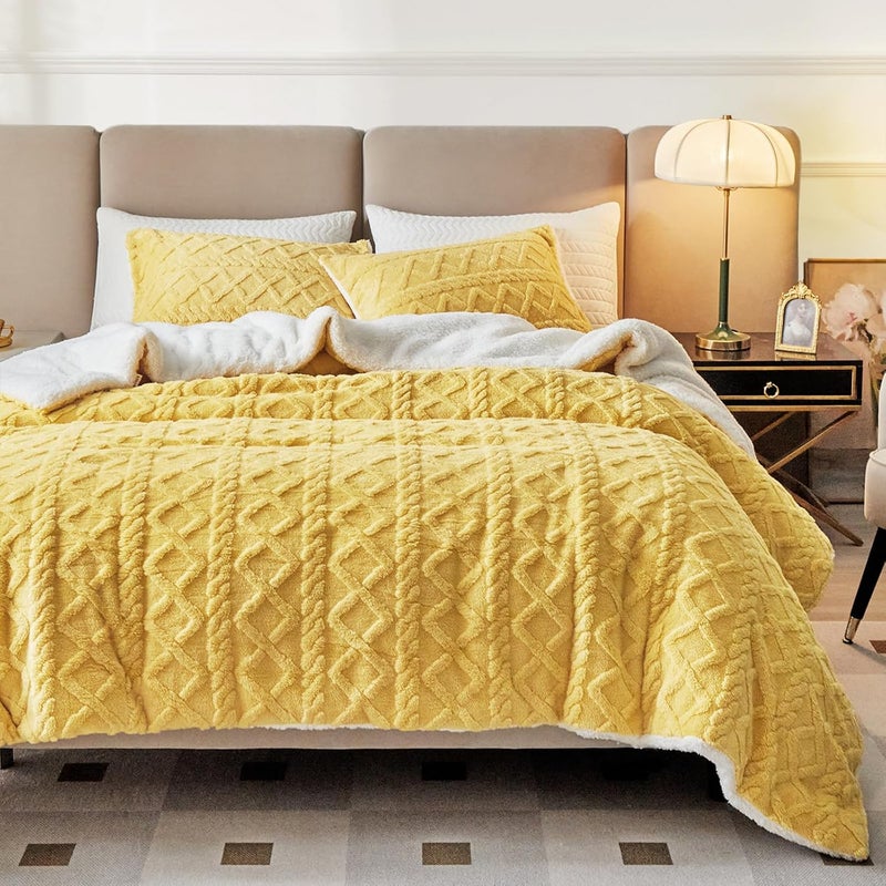 Joyreap 3-Piece Flannel Sherpa Bedding Set, Full/Queen Size, Luxurious Velvet Bedding Set, Ultra-Soft, Warm, Cold Weather, Bedding Set, Yellow, 223.5 x 223.5 cm / 88 x 88 inches - Image 1