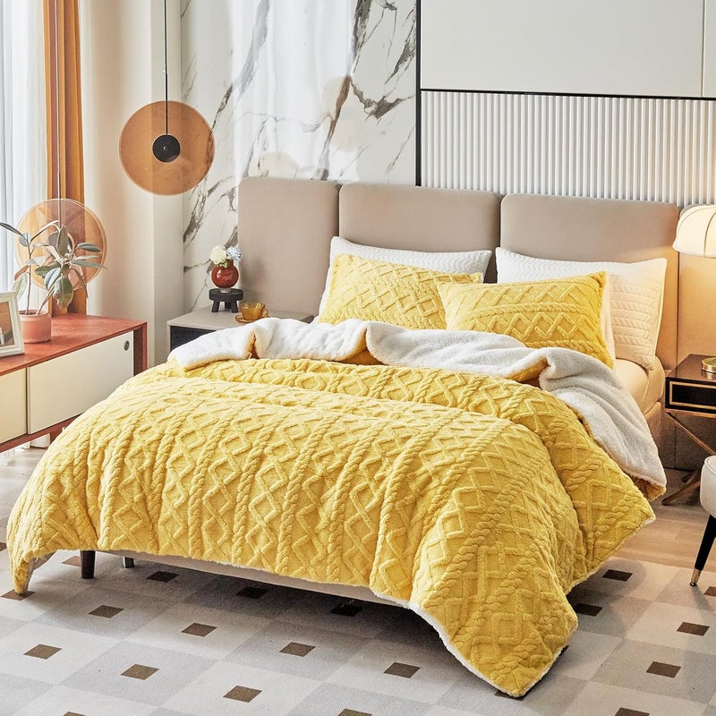 Joyreap 3-Piece Flannel Sherpa Bedding Set, Full/Queen Size, Luxurious Velvet Bedding Set, Ultra-Soft, Warm, Cold Weather, Bedding Set, Yellow, 223.5 x 223.5 cm / 88 x 88 inches - Image 2