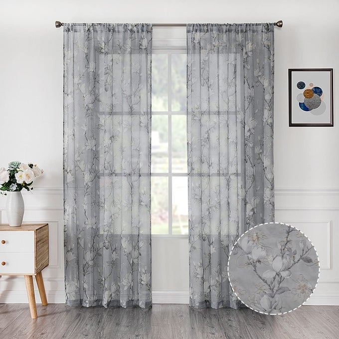 Floral Grey Sheer Curtain Flower Print Vine Embroidery Bedroom Curtains Rod Pocket Voile Window Curtain for Living Room 54 x 72 inches Long Set of 2 Panels