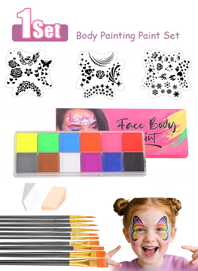 This 12-color body paint set is a professional face painting set suitable for cosplay, children, and adults. It includes a red, black, and white effects paint palette, brushes, and stickers, perfect for Halloween. - Image 1