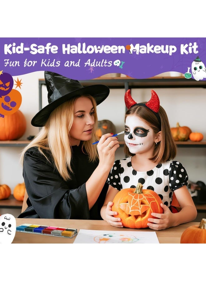 This 12-color body paint set is a professional face painting set suitable for cosplay, children, and adults. It includes a red, black, and white effects paint palette, brushes, and stickers, perfect for Halloween. - Image 3