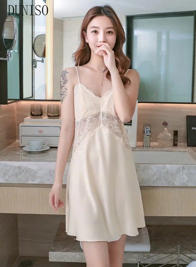 DUNISO Women Pajama Dress, Satin Lace Lingerie, V Neck Sleeveless Nightgown, Camisole Sleep Dress, Summer Pajama Set, Home Clothes, Short Nightwear - Image 1