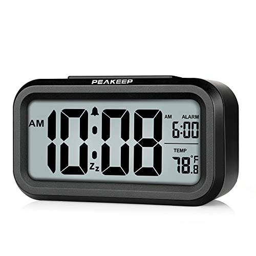 Peakeep Night Light Digital Alarm Clock Battery Operated with Indoor Temperature, Desk Small Clock (Black) - Image 1
