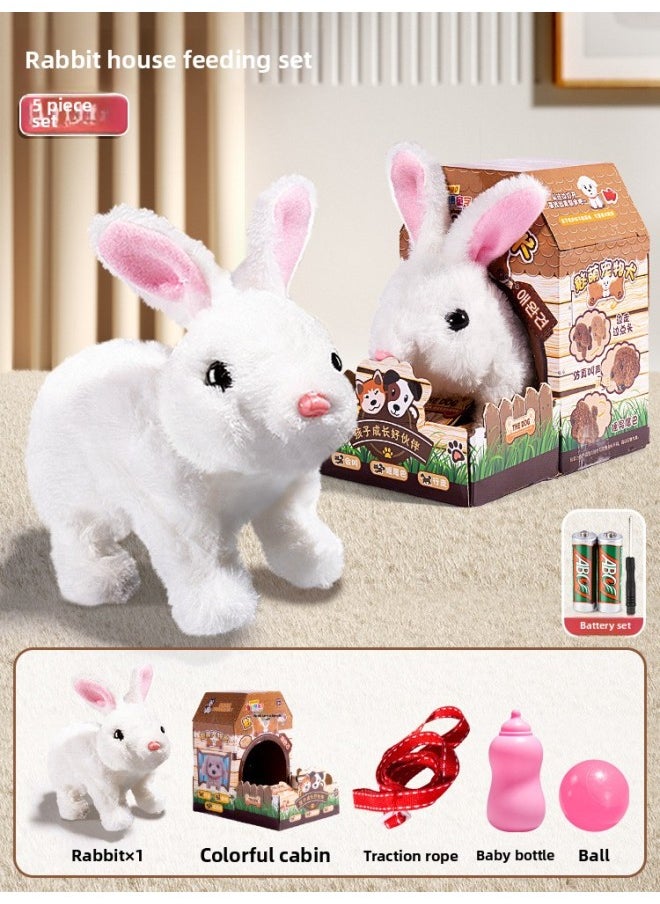 Children's Electric Simulation Bunny Plush Toy Girl Pet White Rabbit Doll Girl Birthday Gift-Color:Little White Rabbit Feeding Set [house] + Battery  - Image 1