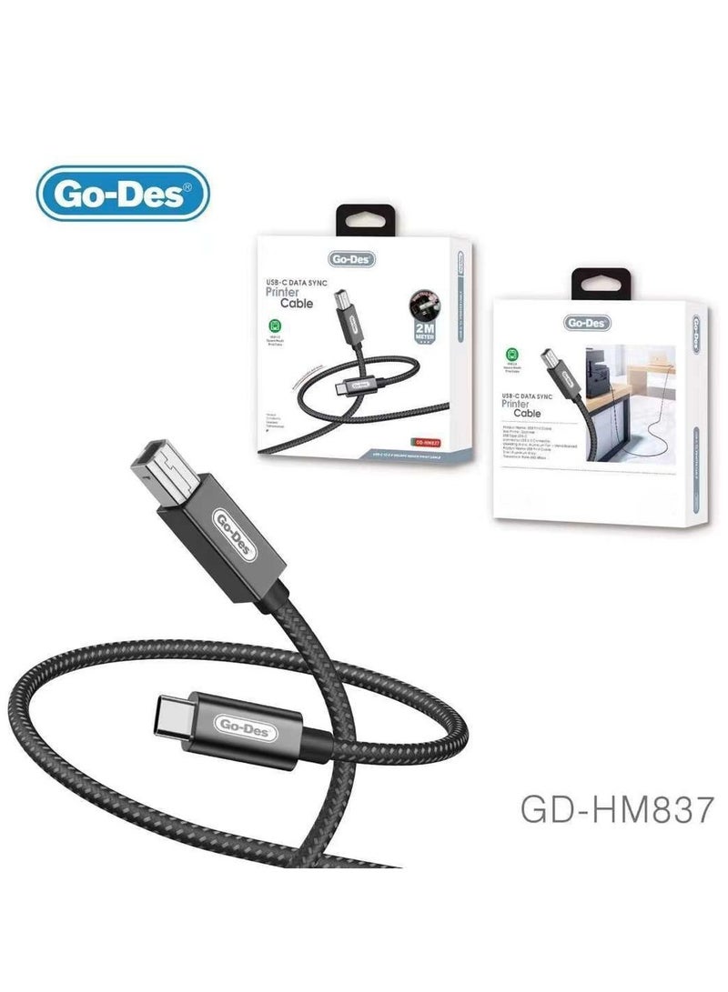 GO-DES Go Des GD-HM837 Type-C to USB-B 2.0 Braided Printer Cable