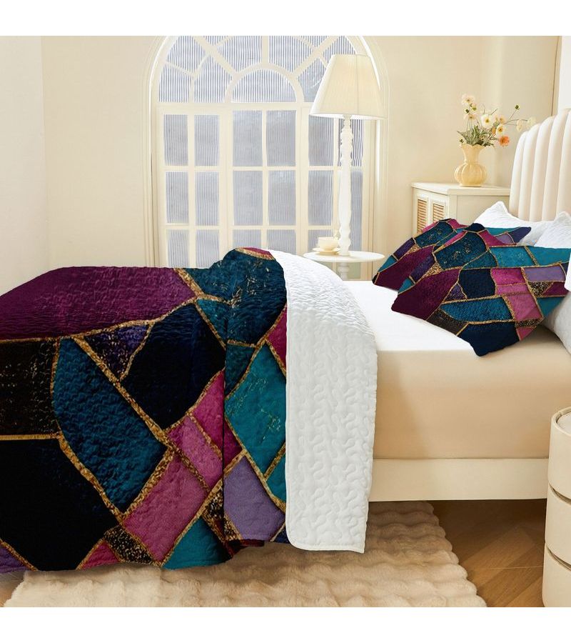 2 3pcs Quilt Set Digital Printing Abstract Mosaic Art Polychrome 94.49 102.36 Inches - Image 2