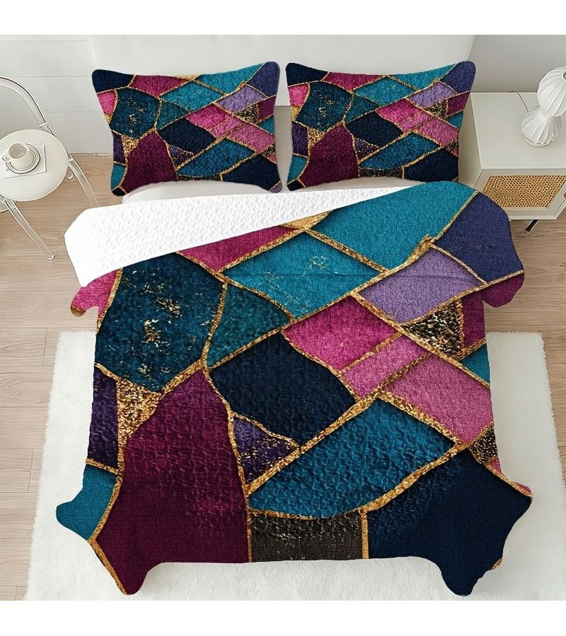 2 3pcs Quilt Set Digital Printing Abstract Mosaic Art Polychrome 94.49 102.36 Inches - Image 1