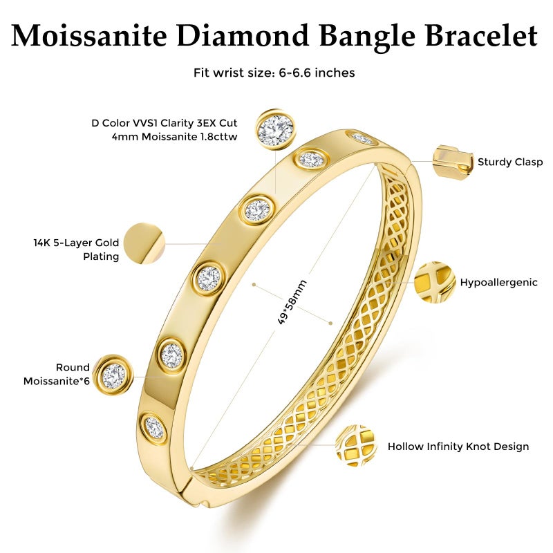LOIPURI Moissanite Bracelets for Women, 14K Gold Plated Bangle Bracelets for Women, D Color VVS1 Clarity 3EX Cut Round Moissanite, Hollow Infinity Knot Design Non Tarnish High Polish 6.5IN - Image 4