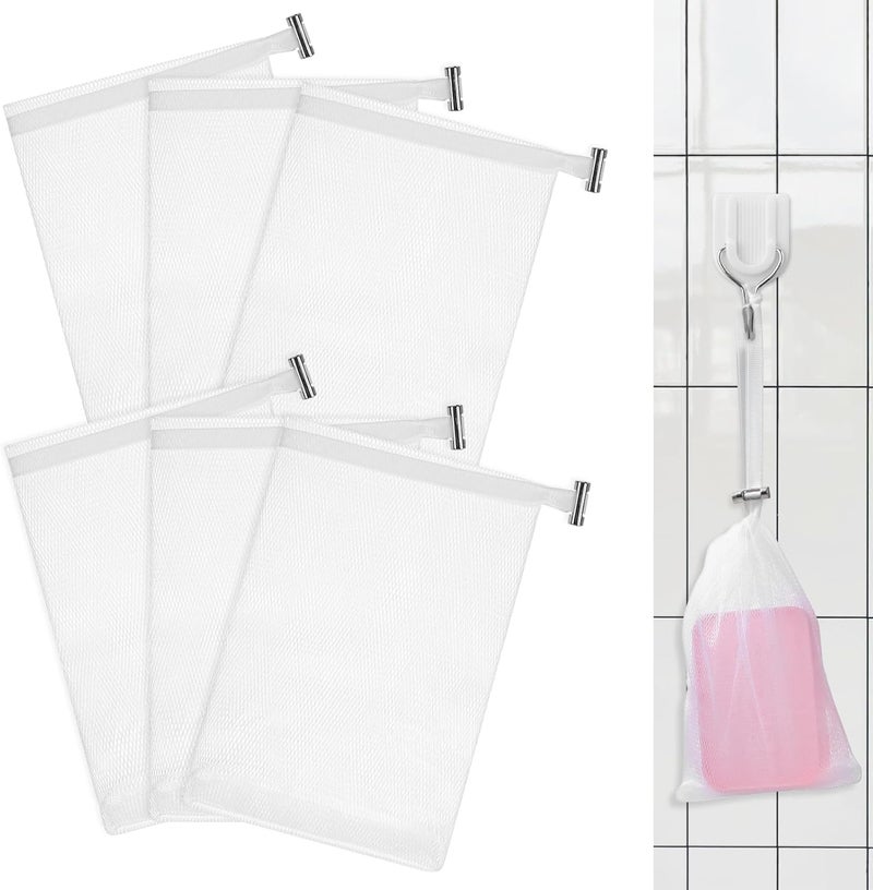 Sliverdew 6 PCS Exfoliating Mesh Soap Pouch Soft Soap Bag with Drawstring for Shower Double Layer Thicken Foam Net Bubble Foam Net Soap Sack Saver Pouch, White