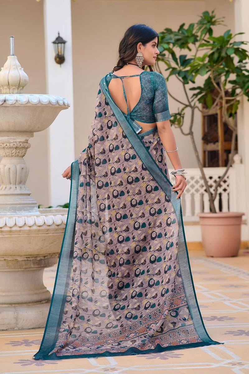 Sidhidata Women's Cotton Linen Floral Printed Zari Border Saree with Unstitched Blouse Piece - Image 3