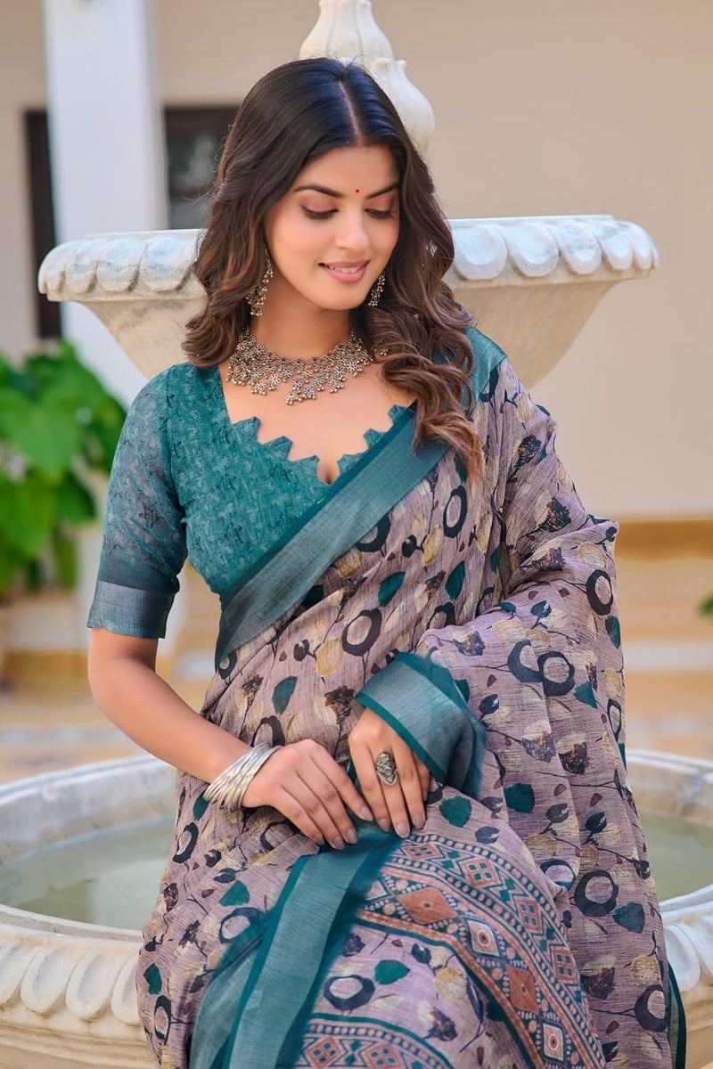 Sidhidata Women's Cotton Linen Floral Printed Zari Border Saree with Unstitched Blouse Piece - Image 2