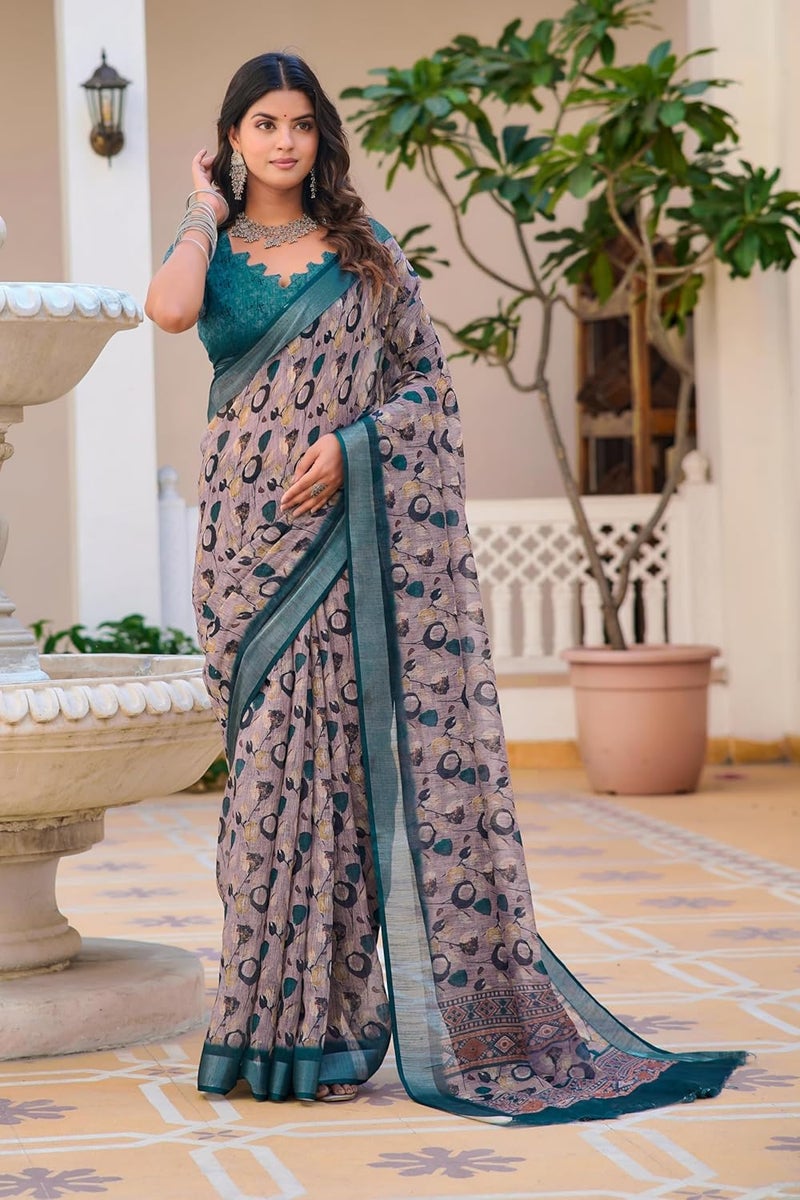 Sidhidata Women's Cotton Linen Floral Printed Zari Border Saree with Unstitched Blouse Piece - Image 5