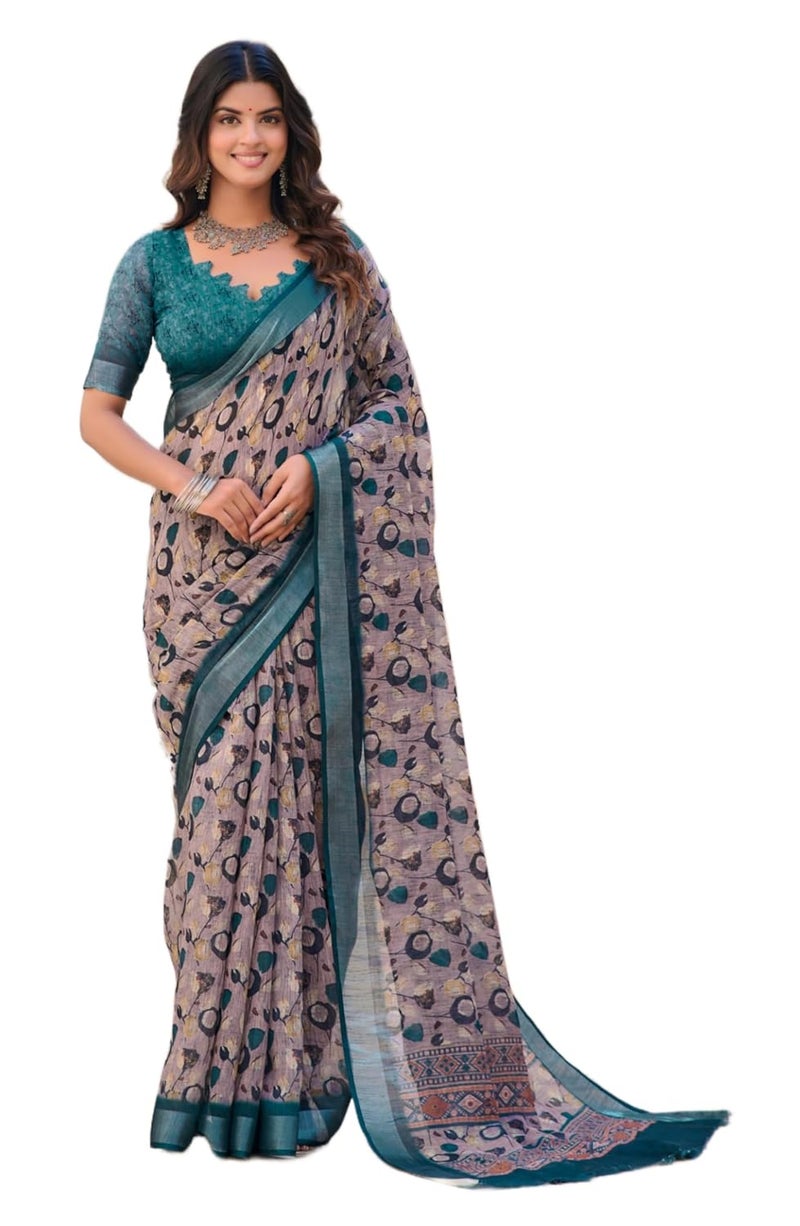 Sidhidata Women's Cotton Linen Floral Printed Zari Border Saree with Unstitched Blouse Piece - Image 1