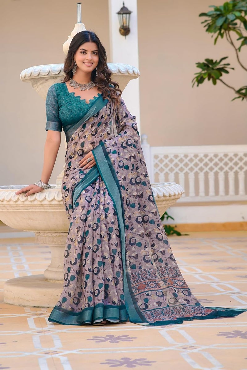 Sidhidata Women's Cotton Linen Floral Printed Zari Border Saree with Unstitched Blouse Piece - Image 4