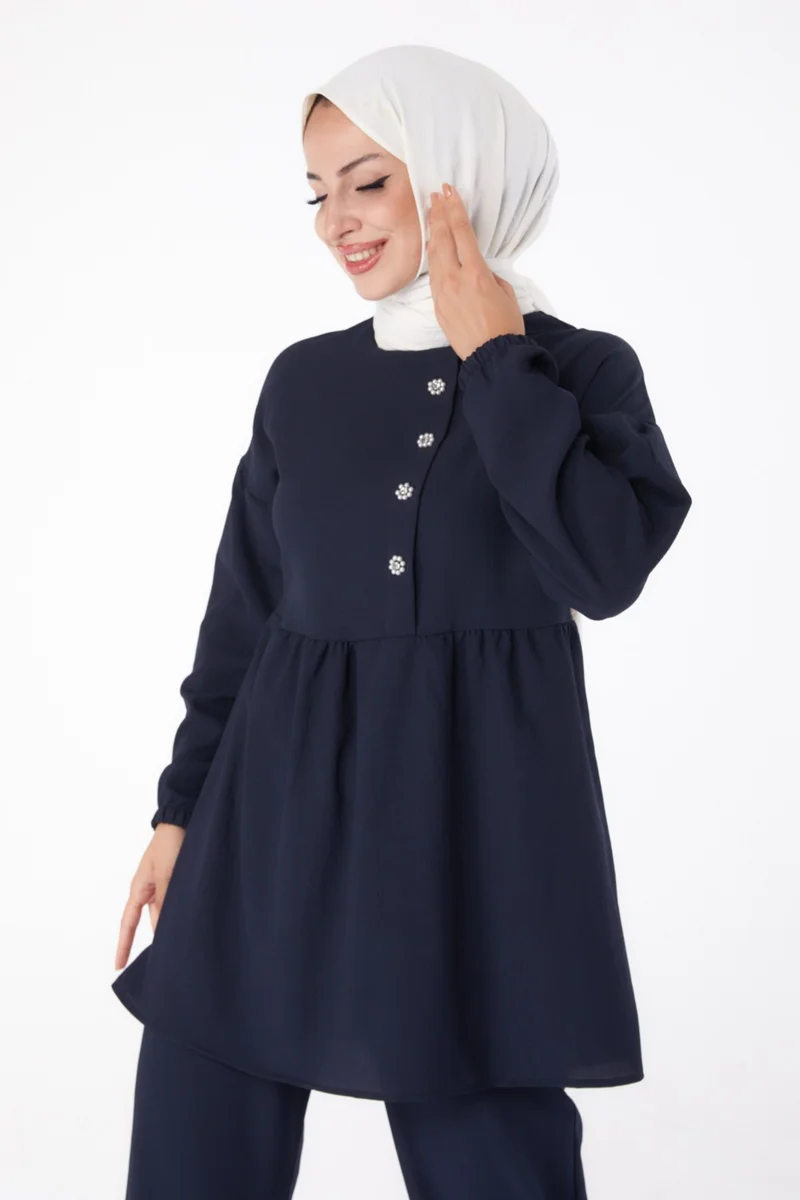 Tofisa Plain Crew Neck Women's Navy Blue Tunic + Trousers - 11629