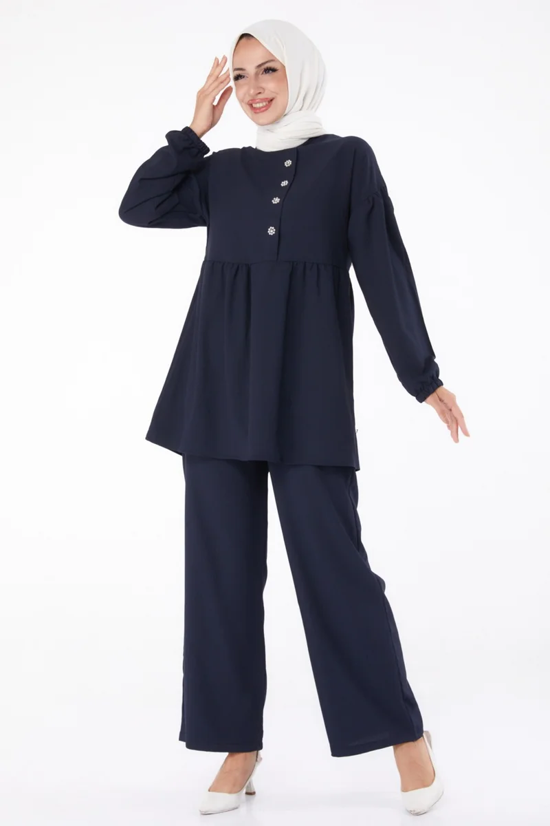 Tofisa Plain Crew Neck Women's Navy Blue Tunic + Trousers - 11629