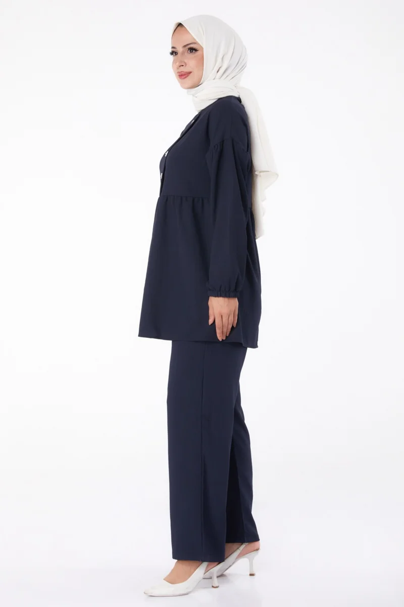 Tofisa Plain Crew Neck Women's Navy Blue Tunic + Trousers - 11629