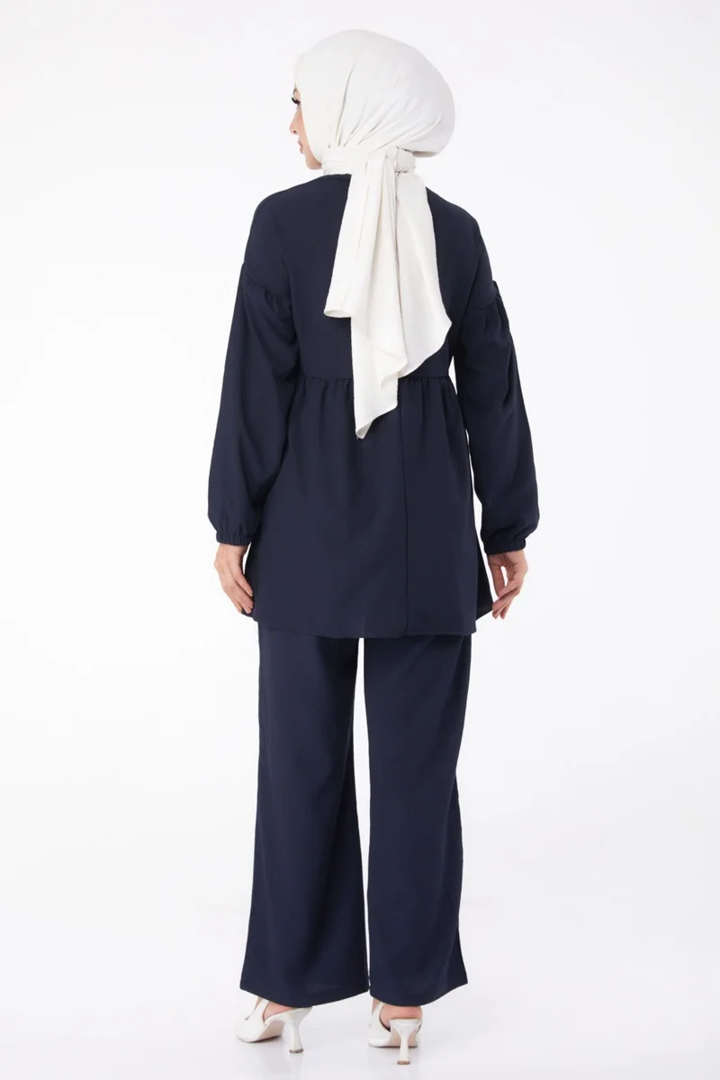 Tofisa Plain Crew Neck Women's Navy Blue Tunic + Trousers - 11629